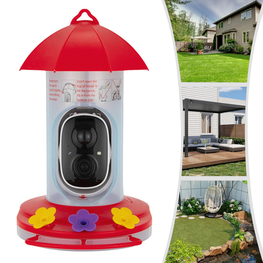 Red/Clear Intelligent Video Bird Feeder—1080P 160° Wide Angle 10000+ AI Bird Recognition 5200mAh IP65 Waterproof 0.63Qt Capacity